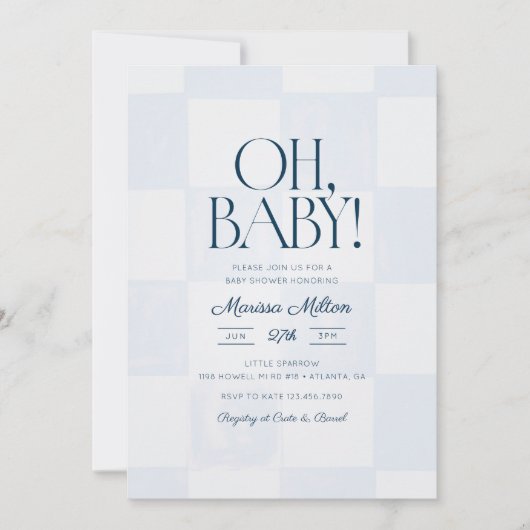 Oh Baby Modern Blue Checkered Baby Shower Kaart (Voorkant)