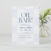 Oh Baby Modern Blue Checkered Baby Shower Kaart (Staand voorkant)