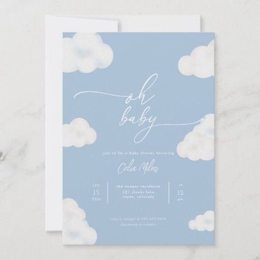 Oh Baby Modern Blue Cloud Baby shower Uitnodiging (Voorkant)