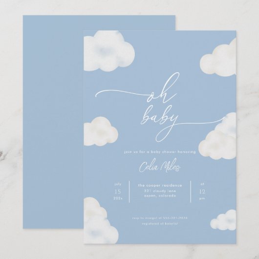 Oh Baby Modern Blue Cloud Baby shower Uitnodiging (Voorkant / Achterkant)