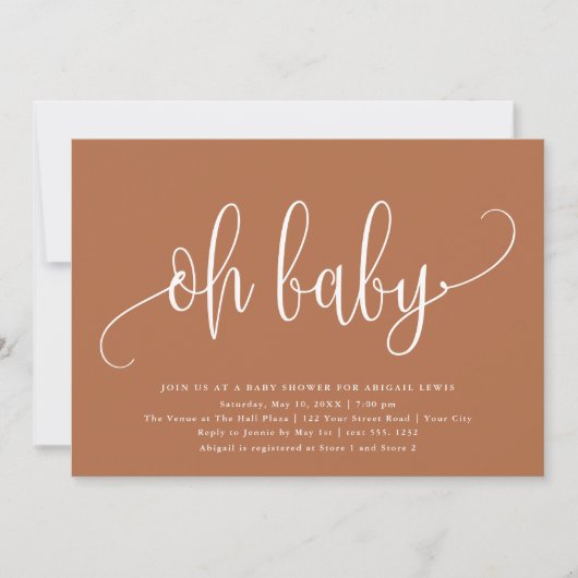 Oh Baby Modern Calligrafie Terracotta Baby shower Kaart (Voorkant)