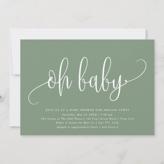 Oh Baby Modern Calligraphy Sage Green Baby shower Kaart (Voorkant)