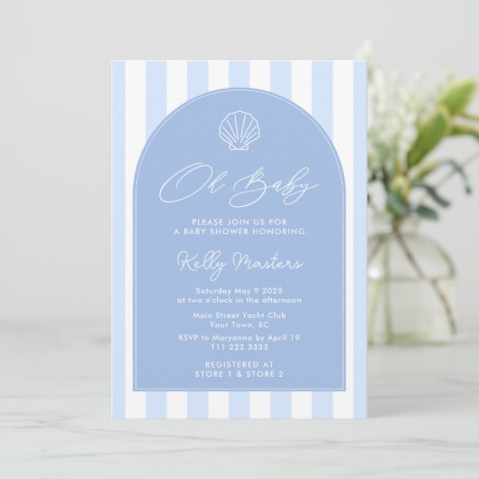 Oh Baby Modern Coastal Blauw en Wit Baby shower Kaart (Staand voorkant)
