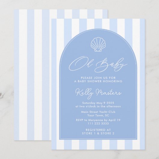 Oh Baby Modern Coastal Blauw en Wit Baby shower Kaart (Voorkant / Achterkant)