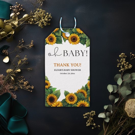 "Oh Baby" Modern Elegant Zonnebloem Baby shower Cadeaulabel