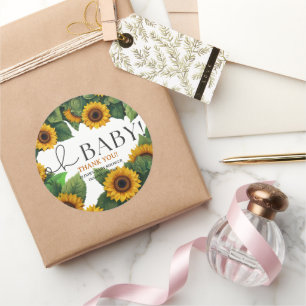 "Oh Baby" Modern Elegant Zonnebloem Baby shower Ronde Sticker