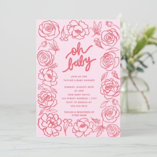 Oh Baby Modern Flowers Blush Pink Girl Baby shower Kaart (Staand voorkant)