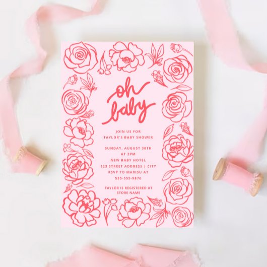 Oh Baby Modern Flowers Blush Pink Girl Baby shower Kaart