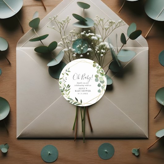 Oh Baby Modern Greenery laat Baby shower op een kl Ronde Sticker