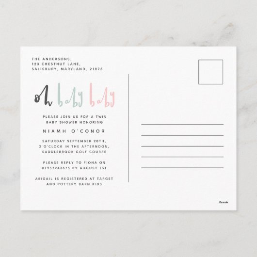 Oh baby modern hedendaags tweelingbaby shower feestdagenkaart (Achterkant)