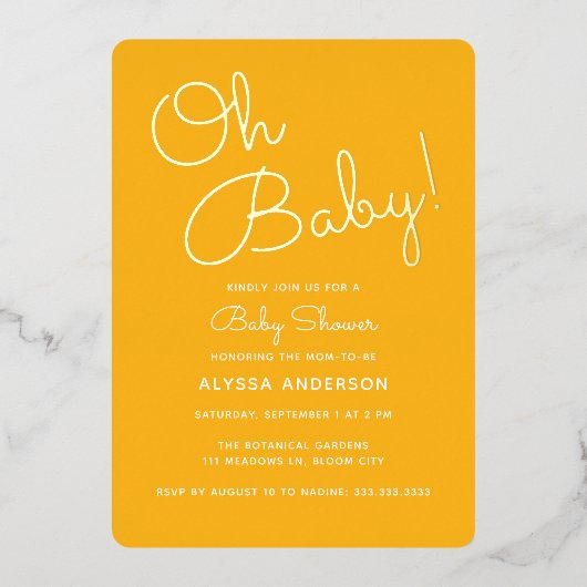 Oh Baby Modern Minimal Yellow Summer Baby shower Folie Uitnodiging (Voorkant)