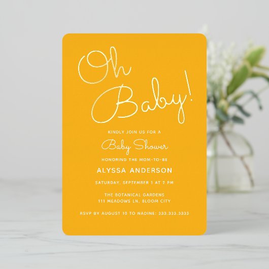 Oh Baby Modern Minimal Yellow Summer Baby shower Folie Uitnodiging (Staand Voorkant)
