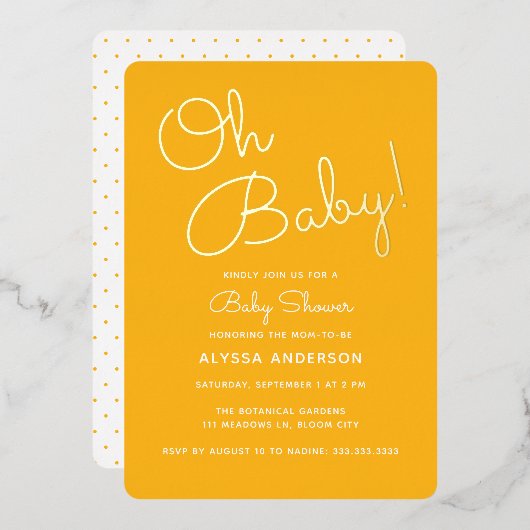 Oh Baby Modern Minimal Yellow Summer Baby shower Folie Uitnodiging (Voorkant / Achterkant)