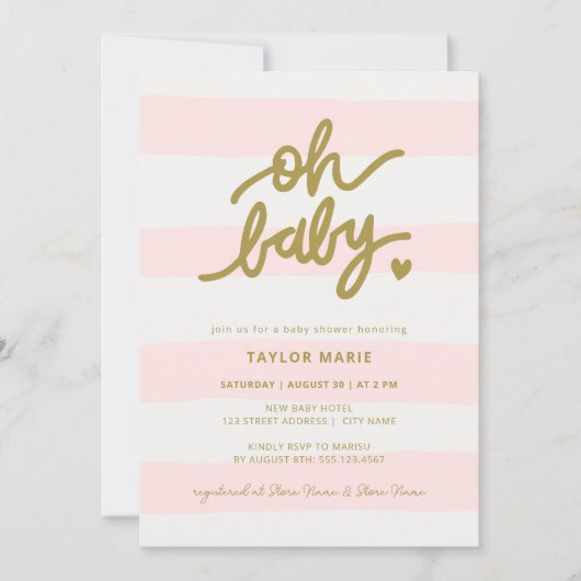 Oh Baby Modern Pink Stripes Meisje Baby shower Kaart (Voorkant)