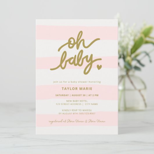 Oh Baby Modern Pink Stripes Meisje Baby shower Kaart (Staand voorkant)