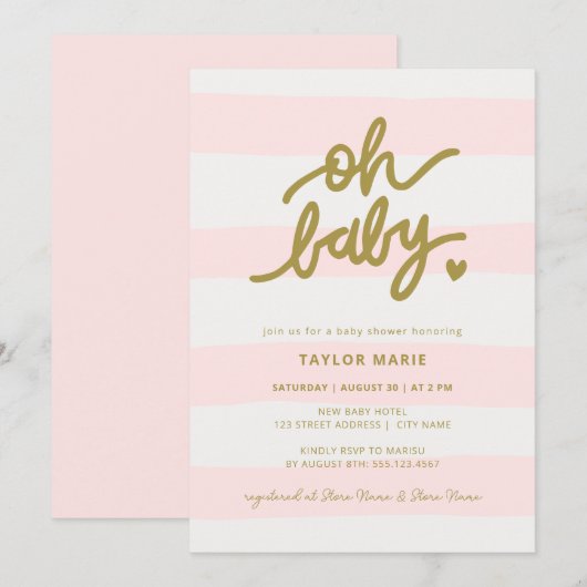 Oh Baby Modern Pink Stripes Meisje Baby shower Kaart (Voorkant / Achterkant)