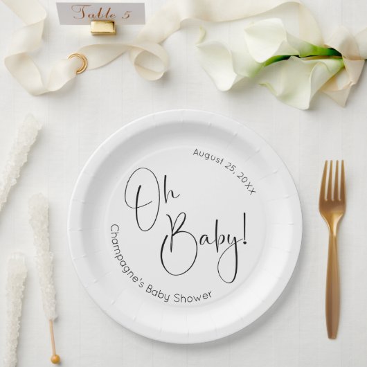 Oh Baby Modern Script Baby shower Papieren Bordje (Huwelijk)