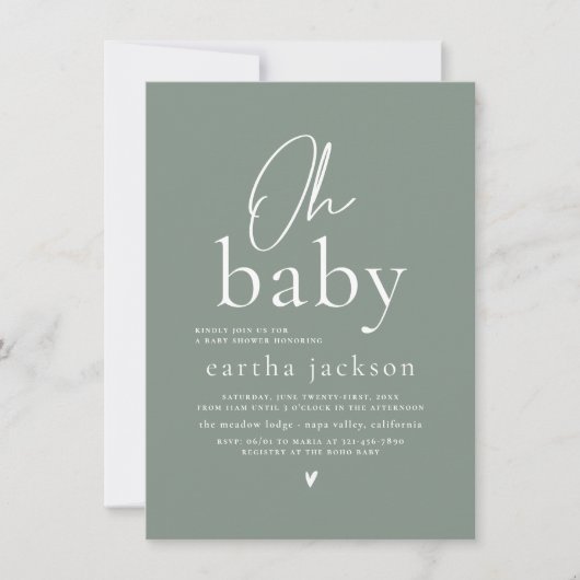 Oh Baby Modern Script Sage Green Boho Baby shower Kaart (Voorkant)