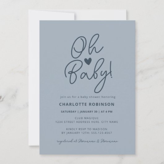 Oh Baby Modern Simple Dusty Blue Boy Baby shower Kaart (Voorkant)