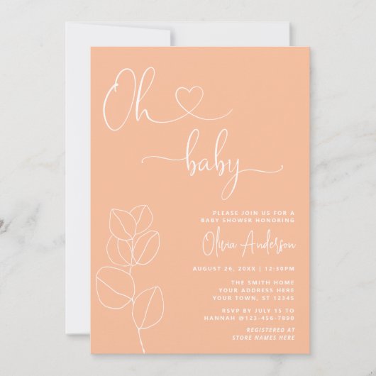 Oh Baby Modern Soft Peach Eucalyptus Baby shower Kaart (Voorkant)