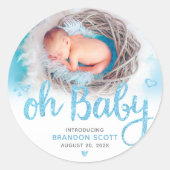 Oh Baby Modern Sweet Boy Birth Photo Turquoise Ronde Sticker (Voorkant)
