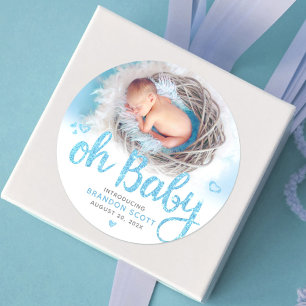 Oh Baby Modern Sweet Boy Birth Photo Turquoise Ronde Sticker