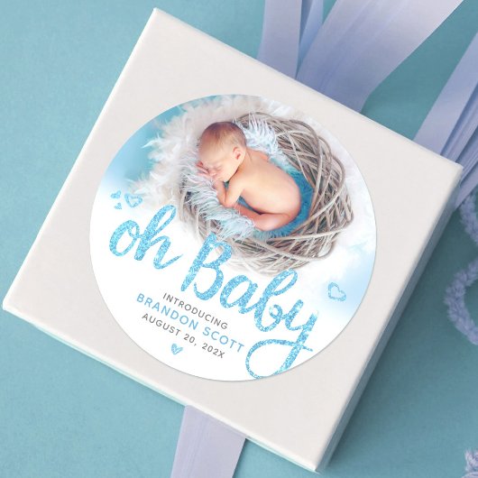 Oh Baby Modern Sweet Boy Birth Photo Turquoise Ronde Sticker