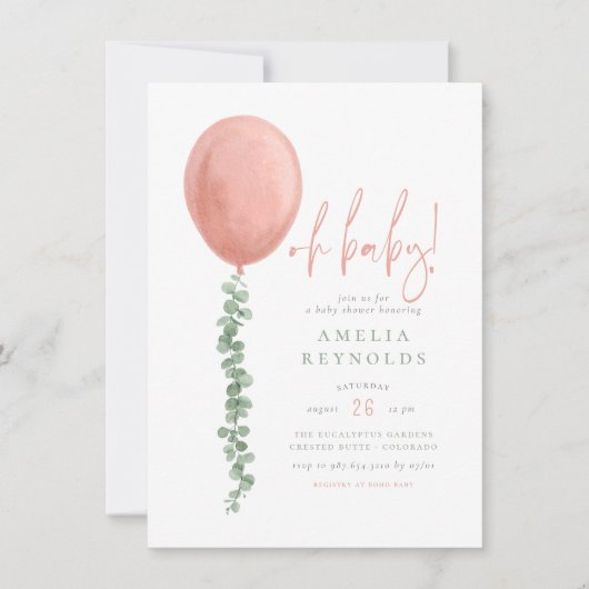 Oh Baby Moderne Eucalyptus ballon Baby Girl Shower Kaart (Voorkant)