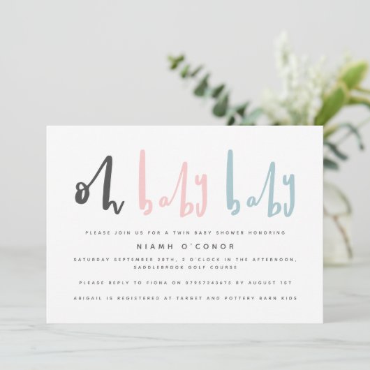 Oh baby moderne hedendaagse twin baby shower feestdagenkaart (Staand voorkant)