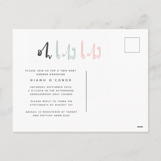 Oh baby moderne hedendaagse twin baby shower feestdagenkaart (Achterkant)