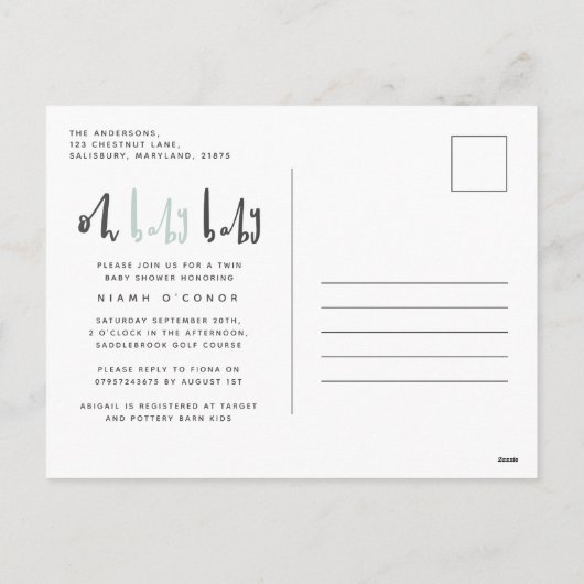 Oh baby moderne hedendaagse twin baby shower feestdagenkaart (Achterkant)