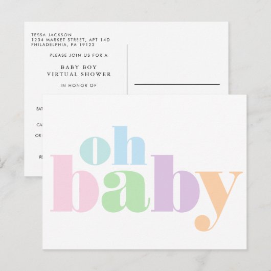 Oh Baby Moderne Typografie Virtual Baby Boy Shower Uitnodiging Briefkaart (Voorkant / Achterkant)