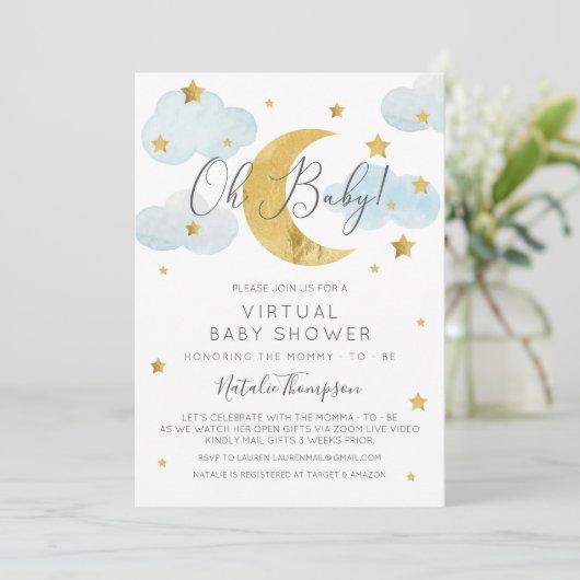 Oh Baby Moon & Stars theme Virtual Baby Shower Kaart (Staand voorkant)