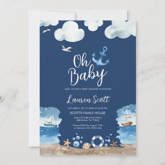 Oh Baby Nautical Navy Baby shower Invitation Kaart (Voorkant)