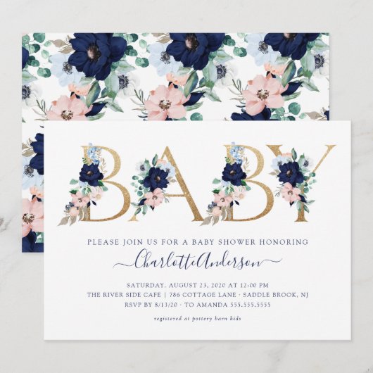 Oh Baby Navy Blue & Blush Bloemen Baby shower Kaart (Voorkant / Achterkant)