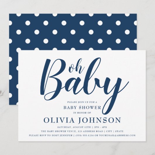 Oh Baby - Navy Blue Polka Dot Baby shower Kaart (Voorkant / Achterkant)