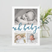 Oh Baby Navy Blue Script Collage Geboorte Foto Aankondiging (Staand voorkant)