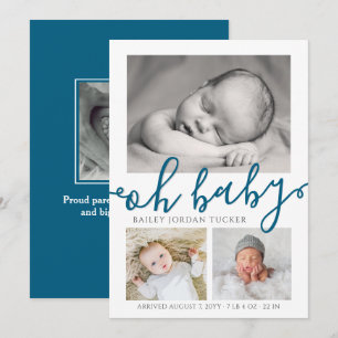 Oh Baby Navy Blue Script Collage Geboorte Foto Aankondiging