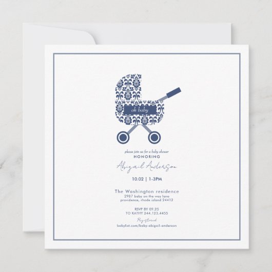 Oh Baby Navy Damask Baby shower Square Kaart (Voorkant)