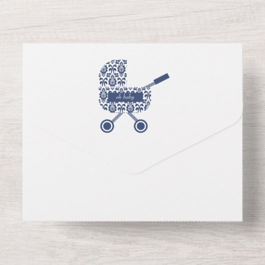 Oh Baby Navy Damask Pram Baby shower All In One Uitnodiging (Achterkant)