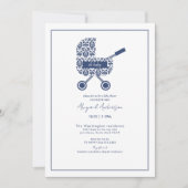 Oh Baby Navy Damask Pram Baby shower Uitnodiging (Voorkant)