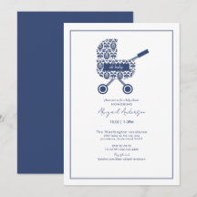 Oh Baby Navy Damask Pram Baby shower Uitnodiging
