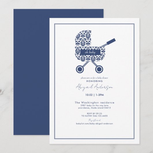 Oh Baby Navy Damask Pram Baby shower Uitnodiging (Voorkant / Achterkant)