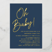 Oh Baby Navy en Gold Script Baby shower Folie Uitnodiging (Voorkant)