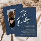 Oh Baby Navy en Gold Script Photo Baby shower Folie Uitnodiging
