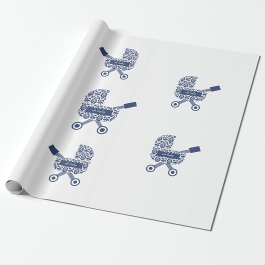 Oh Baby Navy Pram Baby shower Cadeaupapier (Uitgerold)