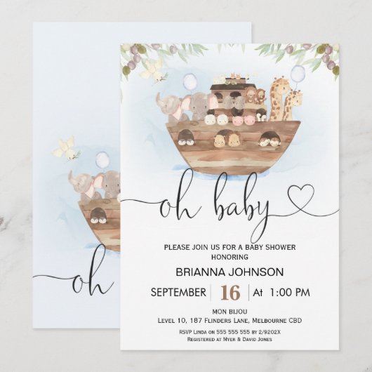 Oh Baby Noah's Arch Baby shower Uitnodiging (Voorkant / Achterkant)