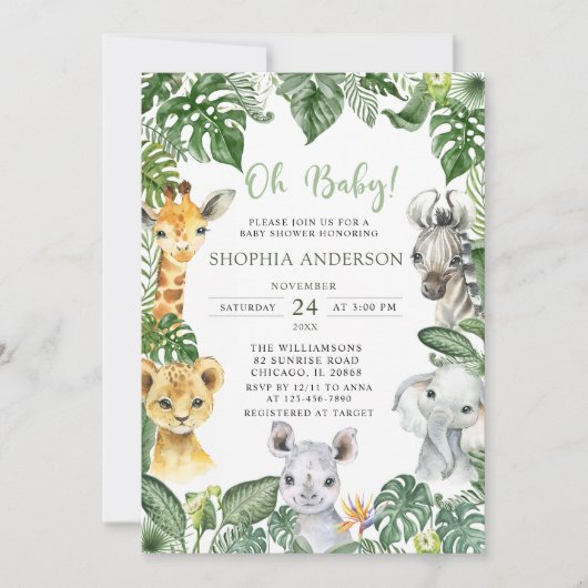Oh Baby Oerwoud Safari Animals Baby shower Kaart (Voorkant)