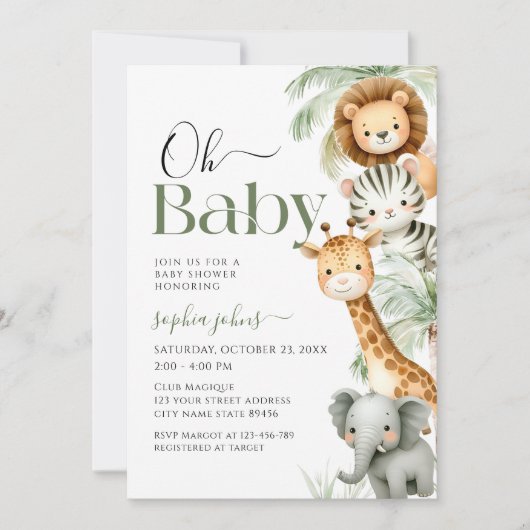 Oh Baby Oerwoud Safari Animals Party Baby shower Kaart (Voorkant)