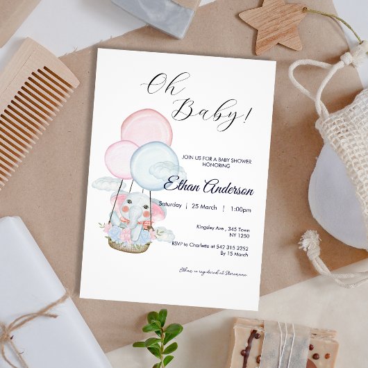 Oh Baby Olifant Balloon Baby shower Invitation Kaart